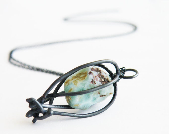 Raw Larimar Cage Pendant Necklace Black Oxidized Sterling Silver Gemstone Necklace by SteamyLab