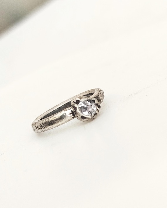 Handmade Silver Ring with Herkimer Diamond – Elegant Brutalist Style, April Birthstone Jewelry