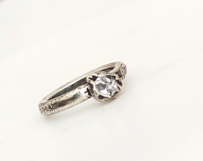 Handmade Silver Ring with Herkimer Diamond – Elegant Brutalist Style, April Birthstone Jewelry