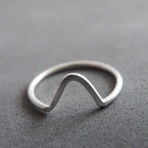May include: A silver ring with a simple, geometric design. The ring features a V-shaped cutout in the band.