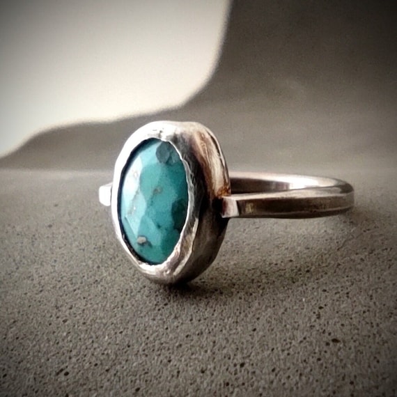 Rose cut Natural Arizona Turquoise cabochon ring, Antique Roman/Etruscan inspired sterling silver ring, December Birthstone jewelry