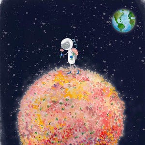 Watercolor Flower Moon Art Print | Celestial Astronaut Nursery Decor | Watercolor Astronaut Print | Space Art Children&#39;s Illustration
