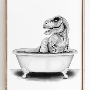 Watercolor Dinosaur in a Tub Art Print | T-Rex in a Bathtub Children&#39;s Illustration | Funny Bathroom Dino Wall Art