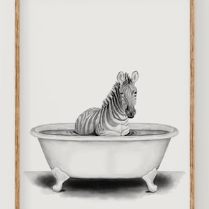 Watercolor Zebra in a Tub Art Print | Nursery Wall Art | Zebra Children&#39;s Illustration | Funny Bathroom Zebra Wall Art