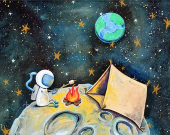 Astronaut Camping on the Moon Art Print | Nursery Wall Art | Watercolor Astronaut Print | Space Art Children's Illustration