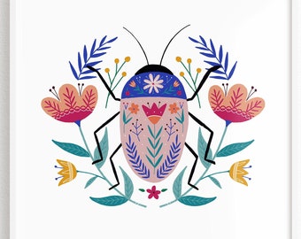 Beetle Folk Art Print | Botanical Illustration Wall Art | Colorful Beetle Decor | Entomology Floral Wall Art | Insect Bohemian Wall Decor