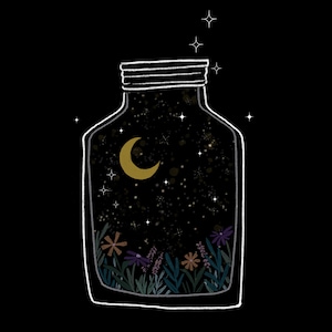 Floral Celestial in a Jar Art Print | Botanical Celestial Line Drawing | Inspirational Space Illustration | Mason Jar Moon and Stars