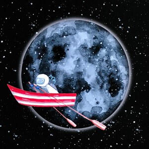 Watercolor Astronaut Moon Art Print: Nursery Space Illustration