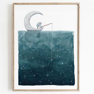 Astronaut Fishing for Stars on the Moon | Watercolor Celestial Nursery Print | Quirky Astronaut Decor | Space Art Children&#39;s Illustration