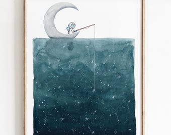 Astronaut Fishing for Stars on the Moon | Watercolor Celestial Nursery Print | Quirky Astronaut Decor | Space Art Children&#39;s Illustration