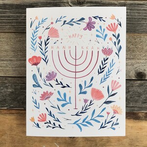 Folklore Floral Happy Hanukkah Card | Botanical Menorah Hanukkah Card | A2 Folded Hanukkah Card | Floral and Greenery Hanukkah Card Set