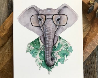 May include: A watercolor painting of an elephant wearing glasses and a tropical shirt. The elephant has a gray trunk and large ears. The shirt is green and has a tropical leaf pattern.