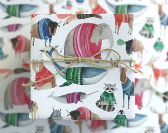Papier cadeau aquarelle animaux en pull - 3 feuilles