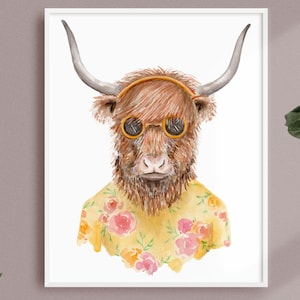 Watercolor Yak Art Print | Nursery Wall Art | Yak Children&#39;s Illustration | Funny Yak in Yellow Clothes | Animal Decor