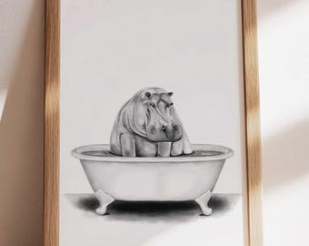 Watercolor Hippo Art Print: Funny Bathroom Wall Decor
