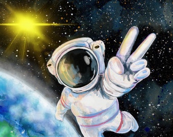 Peace Sign Astronaut in Space Art Print | Space Nursery | NASA Funny Astronaut Decor | Space Art Children's Illustration