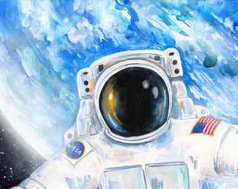 Selfie Astronaut in Space Art Print | Space & Stars Nursery | NASA Funny Astronaut Decor | Space Art Children's Illustration
