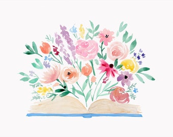 Floral Watercolor Book Art Print | Reading Garden Illustration