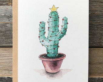 Cactus Christmas Tree Card Watercolor | Greeting Card | Holiday Card | Handmade Christmas | Cactus Christmas Tree | Cute Christmas Card