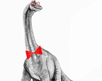 Dinosaur Bow Tie Art Print: Whimsical Brachiosaurus Nursery Wall Art