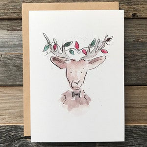 Aquarell Hirsch Weihnachtskarte Portrait | Grußkarte | Weihnachtskarte | Niedliche handgemachte Weihnachten | Feiertags-Winter-Hirsch mit Weihnachtslichtern
