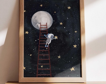 Astronaut Catching a Star Print | Nursery Wall Art | Watercolor Astronaut Print | Baby Room Decor | Space Art Children&#39;s Illustration