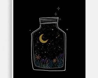 Floral Celestial in a Jar Art Print | Botanical Celestial Line Drawing | Inspirational Space Illustration | Mason Jar Moon and Stars