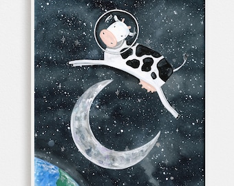 Cow Astronaut in Space Art Print | Cow Jumps over the Moon Nursery Art Print | Quirky Astronaut Decor | Space Art Children's Illustration