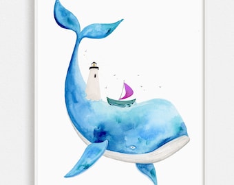 Aquarelle Whale Art Print | | d’art mural de pépinière Illustration nautique pour enfants | | de peinture silly Whale Sea Décor Animal Kids