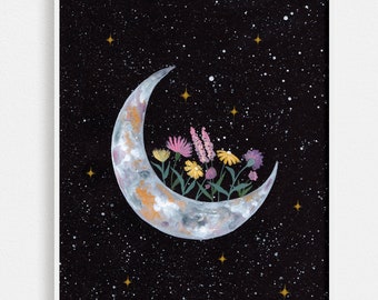 Crescent Moon with Wild Flowers | Watercolor Celestial Nursery Art Print | La Luna Feminine Modern Space Art | Botanical Space Illustration