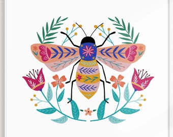 Bumble Bee Art Print: Folk Art Botanical Illustration
