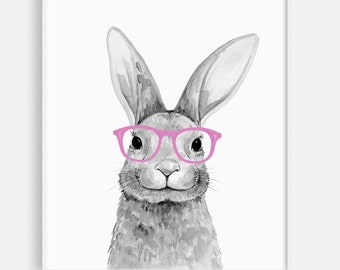 Watercolor Bunny Peek-a-boo Art Print | Nursery Wall Art | Rabbit in Glasses Illustration | Funny Bunny Wall Art