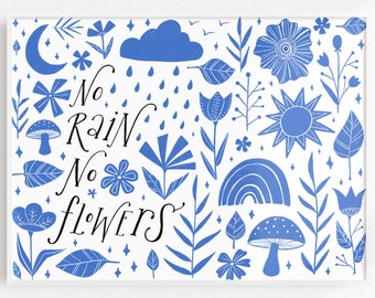 No Rain No Flowers Art Print | Botanical Lettering Wall Art | Blue and Black Inspirational Quote