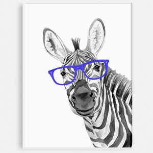 Watercolor Zebra Peek-a-boo Art Print | Nursery Wall Art | Zebra in Glasses Safari Illustration | Funny Zebra Wall Art