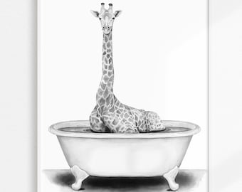 Watercolor Giraffe in a Tub Art Print | Nursery Wall Art | Giraffe in a Bathtub Children's Illustration | Funny Bathroom Giraffe Wall Art