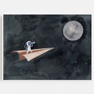 Paper Airplane to the Moon Art Print | Nursery Wall Art | Watercolor Astronaut Print | Space Art Children's Illustration