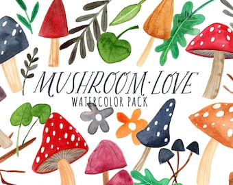 Fall Mushroom Forest Clip Art | Autumn Woodland Watercolor - Mushrooms, Leaves, and Flowers - Digital Download
