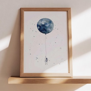 Watercolor Astronaut Moon Balloon Print: Whimsical Nursery Wall Art