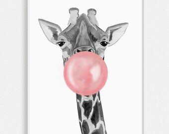 Watercolor Giraffe Peek-a-boo Art Print | Nursery Wall Art | Giraffe with Bubble Gum Safari Illustration | Funny Giraffe Wall Art