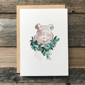 Watercolor Bear Christmas Card Portrait | Greeting Card | Holiday Card | Cute Handmade Christmas Card | Winter Holiday Bear with Garland