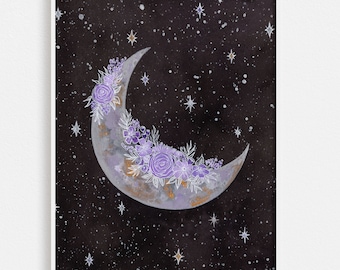 Floral Crescent Moon Watercolor Art Print: Feminine Celestial Decor