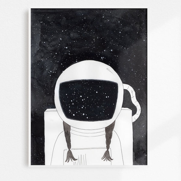 Girl Astronaut Looking at Space | Watercolor Celestial Nursery Art Print | Quirky Astronaut Decor | Space Art Children's Illustration