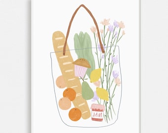 Summer Grocery Tote Art Print | Citrus Fruit Baguette Wall Art | Soft Picnic Decor