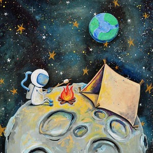 月面でキャンプする宇宙飛行士のアートプリント | 子供部屋の壁アート | 水彩画の宇宙飛行士のプリント | 宇宙アートの子供向けイラスト