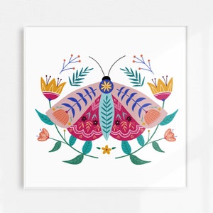 Moth Folk Art Print | Botanical Illustration Wall Art | Colorful Moth Decor | Entomology Floral Wall Art | Insect Bohemian Wall Decor