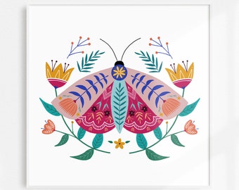 Moth Folk Art Print | Botanical Illustration Wall Art | Colorful Moth Decor | Entomology Floral Wall Art | Insect Bohemian Wall Decor