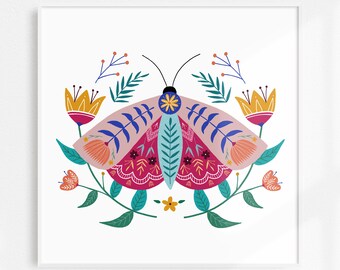 Impressão de arte popular de mariposa: arte de parede floral boho
