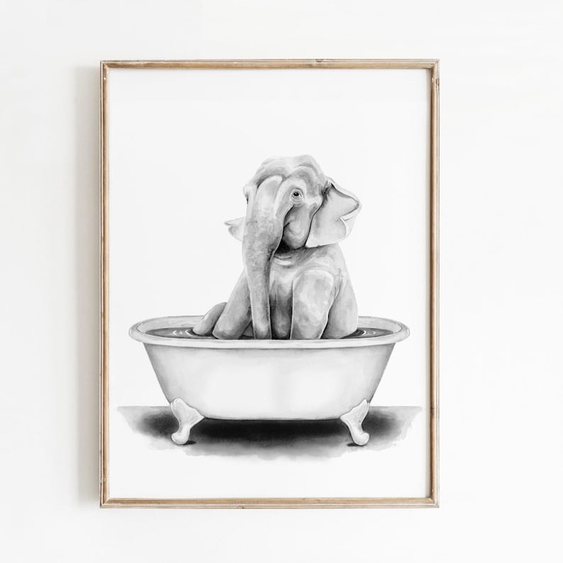 Watercolor Elephant in Tub Art Print: Funny Bathroom Wall Decor - Etsy