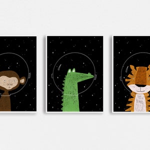 Space Animal Illustrations Set of 3 | Nursery Wall Art | Animal Astronauts Quirky Children&#39;s Illustration | Animal Wall Art | Kids Decor