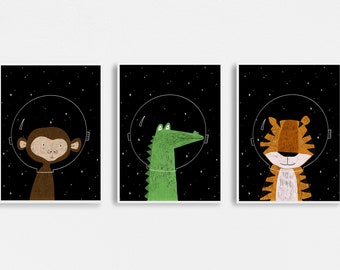 Space Animal Illustrations Set of 3 | Nursery Wall Art | Animal Astronauts Quirky Children's Illustration | Animal Wall Art | Kids Decor